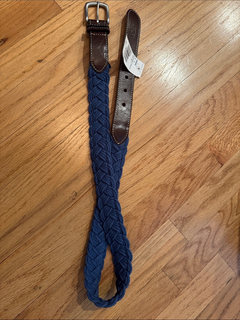 Vineyard Vines Navy Braided Rope Belt with Brown Leather - kids NWT
